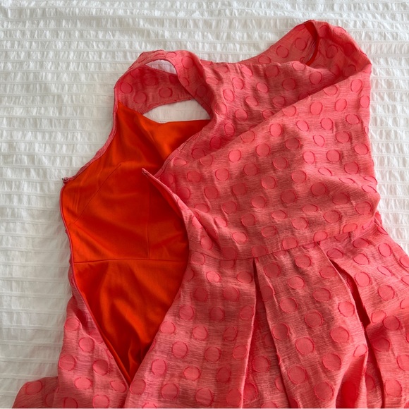 Eva Franco Pleated Coral Keyhole Polka Dot Sleeveless Fit & Flare Dress, 8 - Picture 8 of 11
